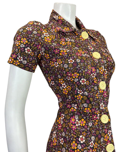 VINTAGE 60s 70s BLACK PINK PURPLE ORANGE FLORAL DITSY MOD DAGGER SHIRT DRESS 8