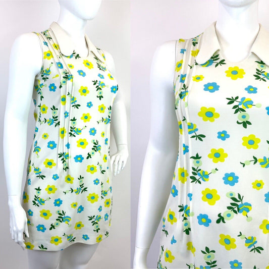 VINTAGE 60s 70s WHITE BLUE GREEN YELLOW FLORAL DAISY SPOON COLLAR MOD DRESS 16