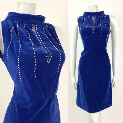VINTAGE 60s ELECTRIC BLUE PEARL BEADED VELVET WIGGLE CUT OUT DRESS 10 12