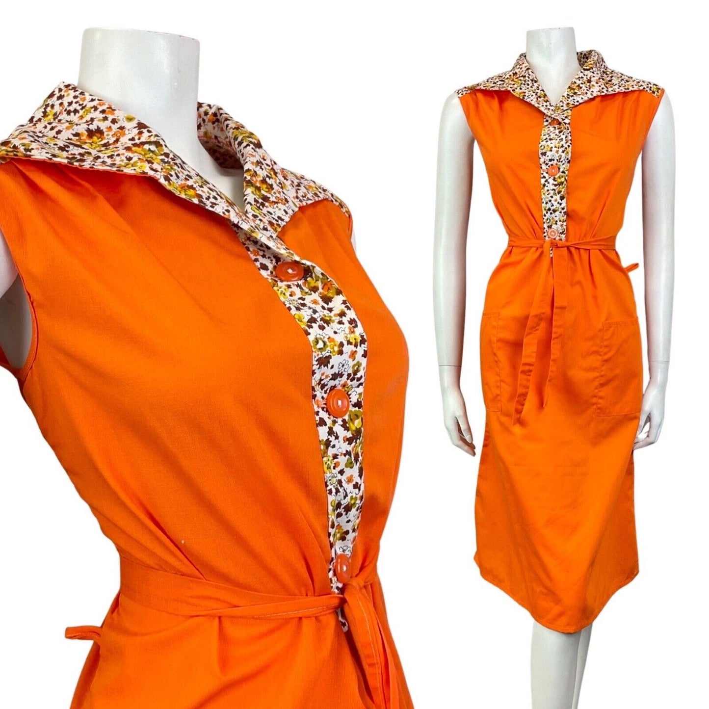 VINTAGE 60s 70s ORANGE YELLOW BROWN FLORAL LEAFY SLEEVELESS SHIRT DRESS 12 14