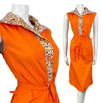 VINTAGE 60s 70s ORANGE YELLOW BROWN FLORAL LEAFY SLEEVELESS SHIRT DRESS 12 14