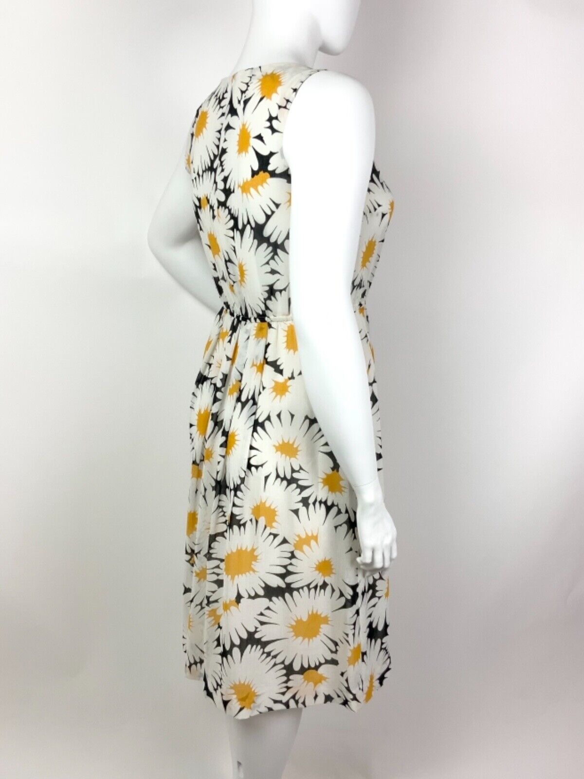 VTG 70s 80s WHITE BLACK YELLOW FLORAL DAISY SLEEVELESS SUMMER DRESS 16