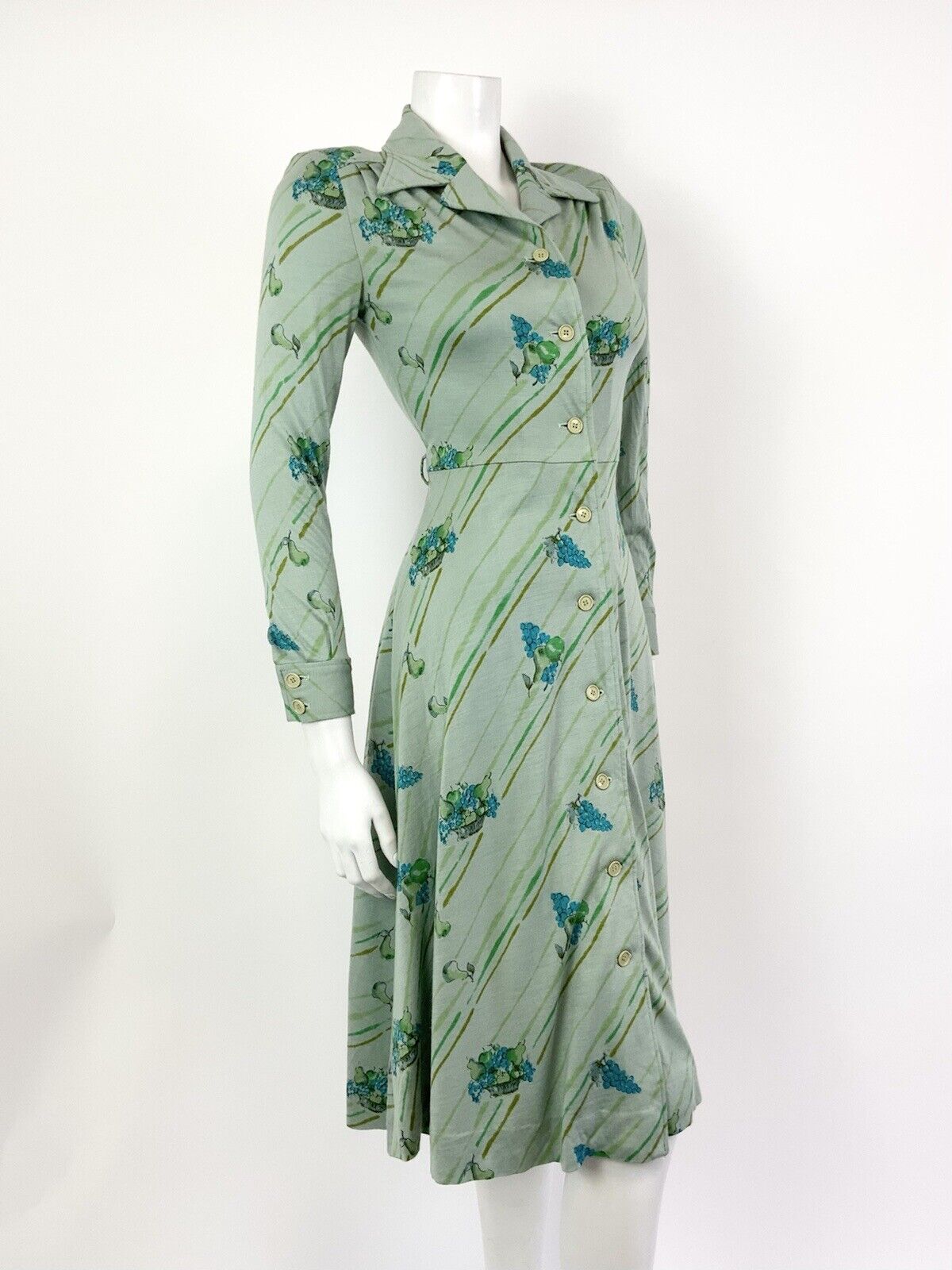 VTG 60s 70s GREEN BLUE YELLOW STRIPED FRUIT GRAPES MOD DAGGER SHIRT DRESS 8 10