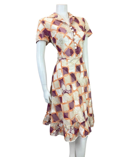 VINTAGE 60s 70s WHITE PURPLE ORANGE CHECKED FLORAL DAGGER SHIRT DRESS 10 12