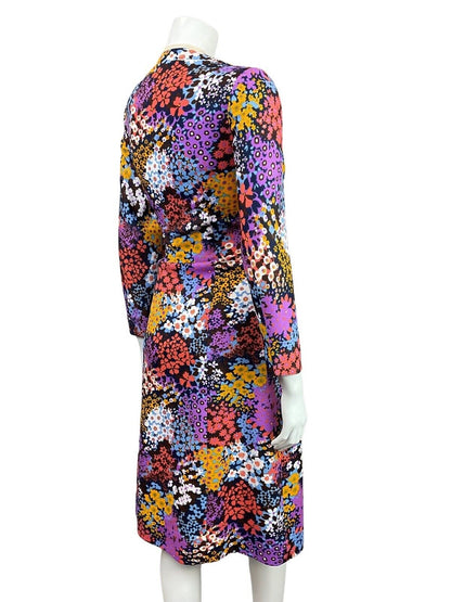 VINTAGE 60s 70s BLUE PURPLE PINK PSYCHEDELIC FLORAL DITSY FITTED DRESS 10 12