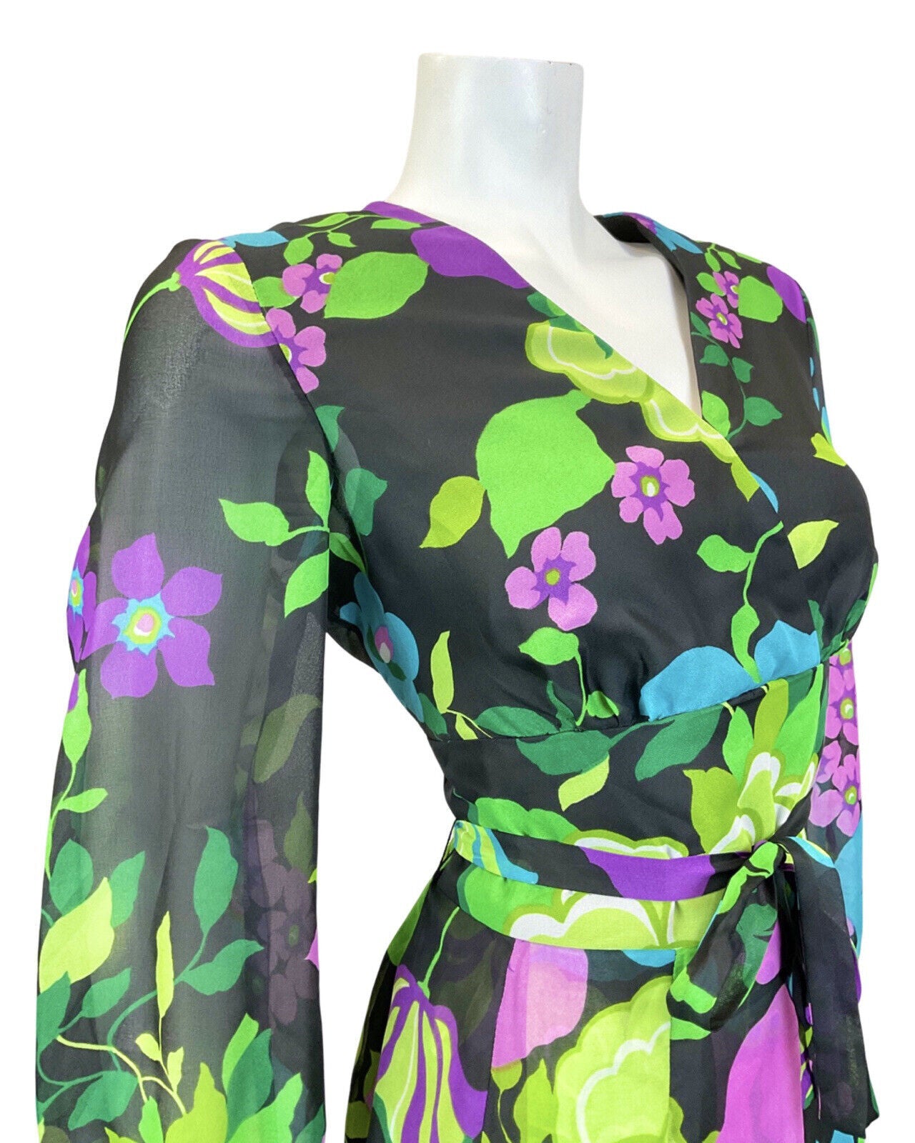 VINTAGE 60s 70s BLACK GREEN PURPLE FLORAL SHEER FLOATY SWING DRESS 14 16