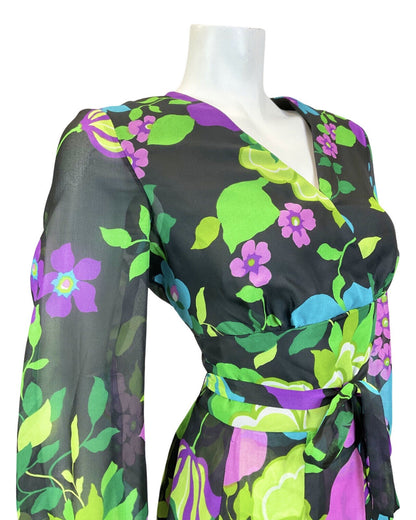 VINTAGE 60s 70s BLACK GREEN PURPLE FLORAL SHEER FLOATY SWING DRESS 14 16