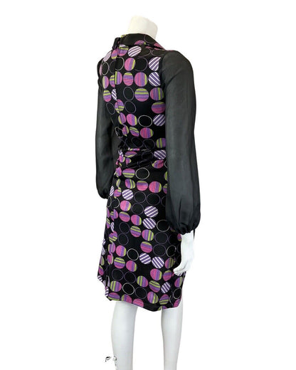 VINTAGE 60s 70s BLACK PURPLE GREEN DOTTY STRIPED SHEER MOD SHIRT DRESS 12