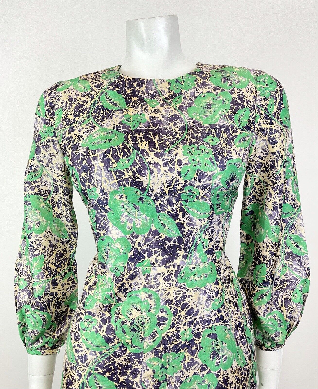 VINTAGE 60s STYLE 90s GREEN PURPLE CREAM PSYCHEDELIC FLORAL ROSE MOD DRESS 8 10