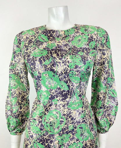 VINTAGE 60s STYLE 90s GREEN PURPLE CREAM PSYCHEDELIC FLORAL ROSE MOD DRESS 8 10