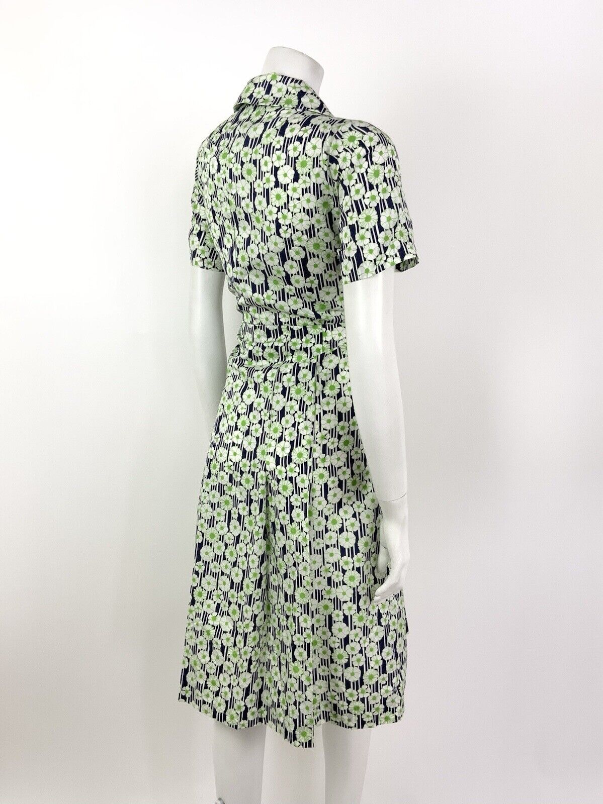 VINTAGE 60s 70s GREEN BLUE WHITE STRIPED FLORAL DAISY MOD SHIRT DRESS 12 14