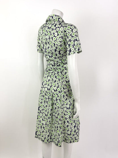 VINTAGE 60s 70s GREEN BLUE WHITE STRIPED FLORAL DAISY MOD SHIRT DRESS 12 14
