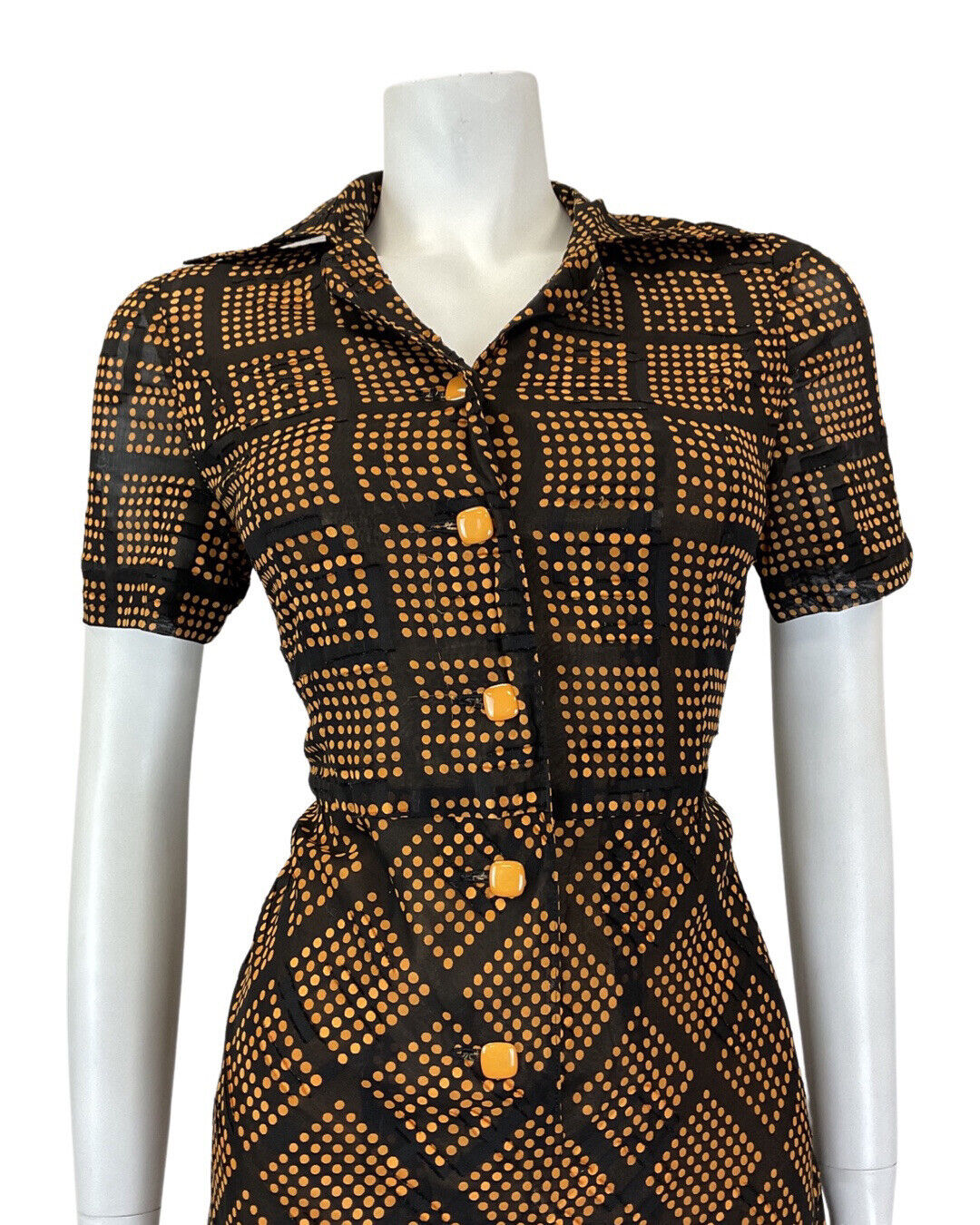 VINTAGE 60s 90s BLACK ORANGE DOTTY GRID CHECKED DAGGER COLLAR MOD SHIRT DRESS 10