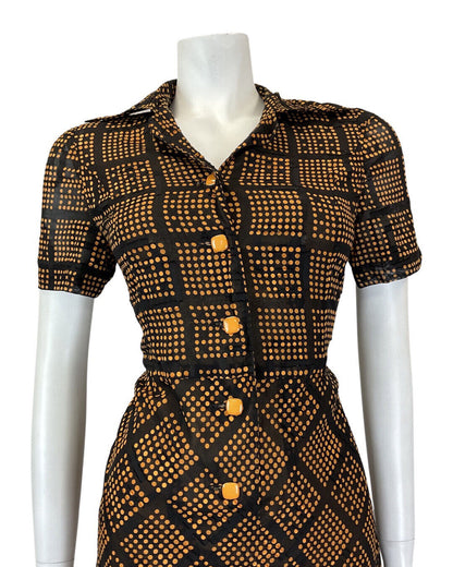 VINTAGE 60s 90s BLACK ORANGE DOTTY GRID CHECKED DAGGER COLLAR MOD SHIRT DRESS 10