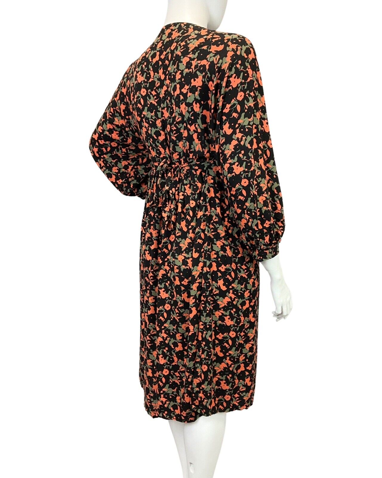VINTAGE 60s 70s BLACK GREY ORANGE PSYCHEDELIC FLORAL LONGSLEEVE DRESS 16 18