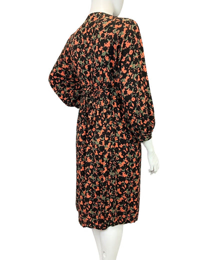 VINTAGE 60s 70s BLACK GREY ORANGE PSYCHEDELIC FLORAL LONGSLEEVE DRESS 16 18