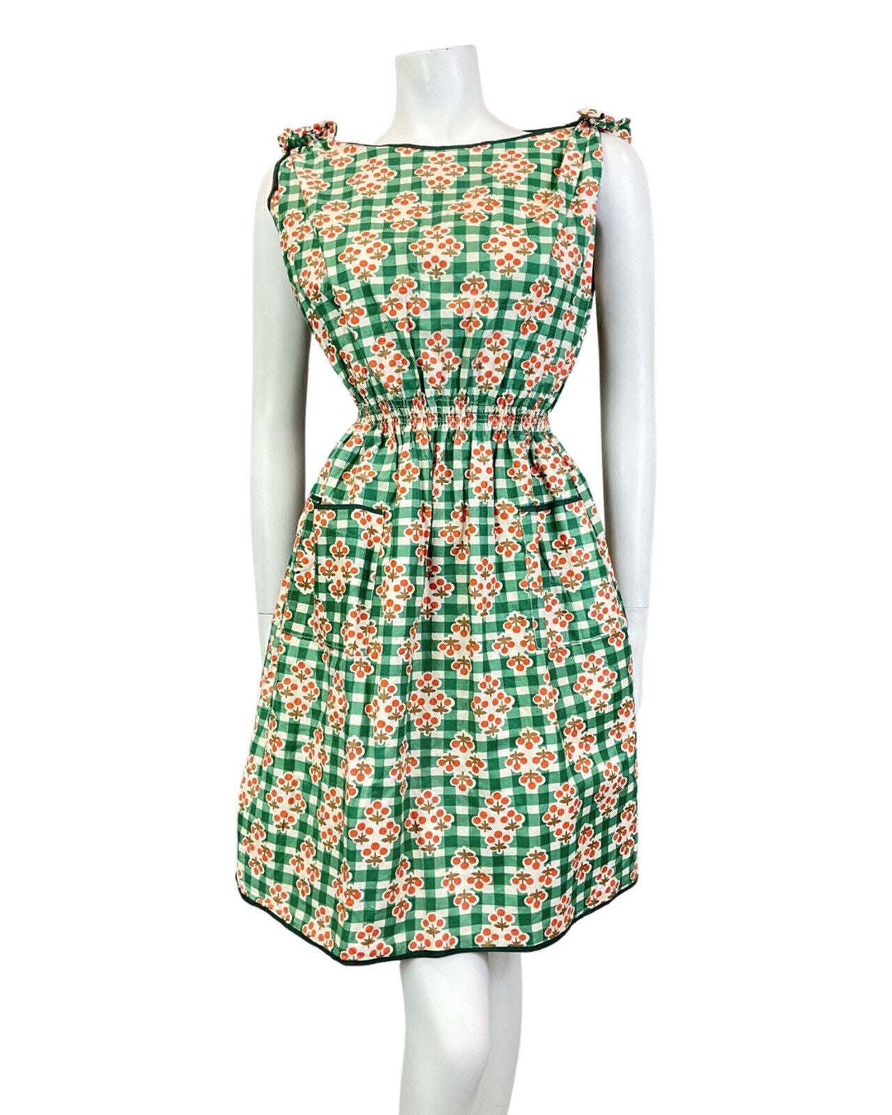 VINTAGE 60s 90s GREEN WHITE ORANGE GINGHAM CHECKED BERRY MOD SUMMER DRESS 10