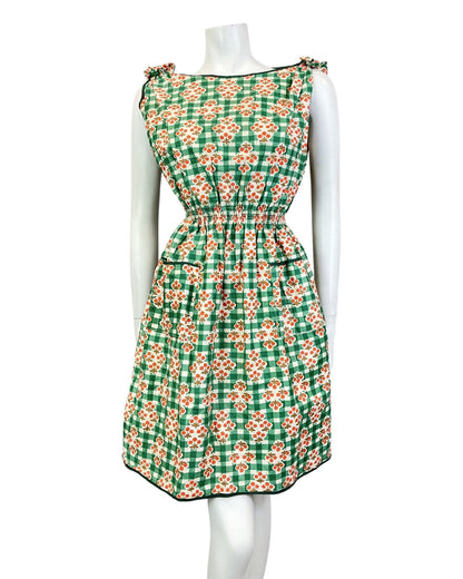 VINTAGE 60s 90s GREEN WHITE ORANGE GINGHAM CHECKED BERRY MOD SUMMER DRESS 10