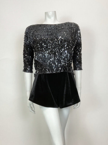 VINTAGE 70s BLACK SEQUIN BEADED DISCO PARTY GLAM CROPPED BLOUSE TOP 12