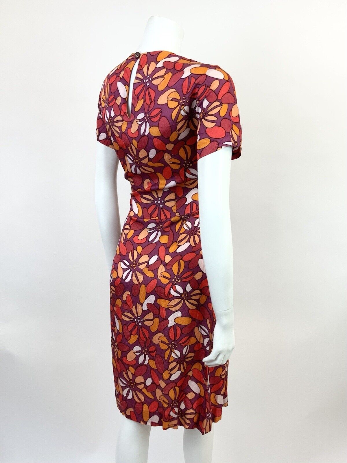 VTG 60s 70s PURPLE PEACH RED FLORAL PETAL PSYCHEDELIC MOD FITTED DRESS 10 12