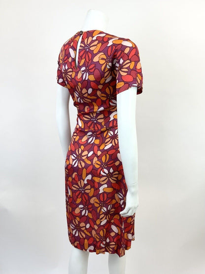 VTG 60s 70s PURPLE PEACH RED FLORAL PETAL PSYCHEDELIC MOD FITTED DRESS 10 12