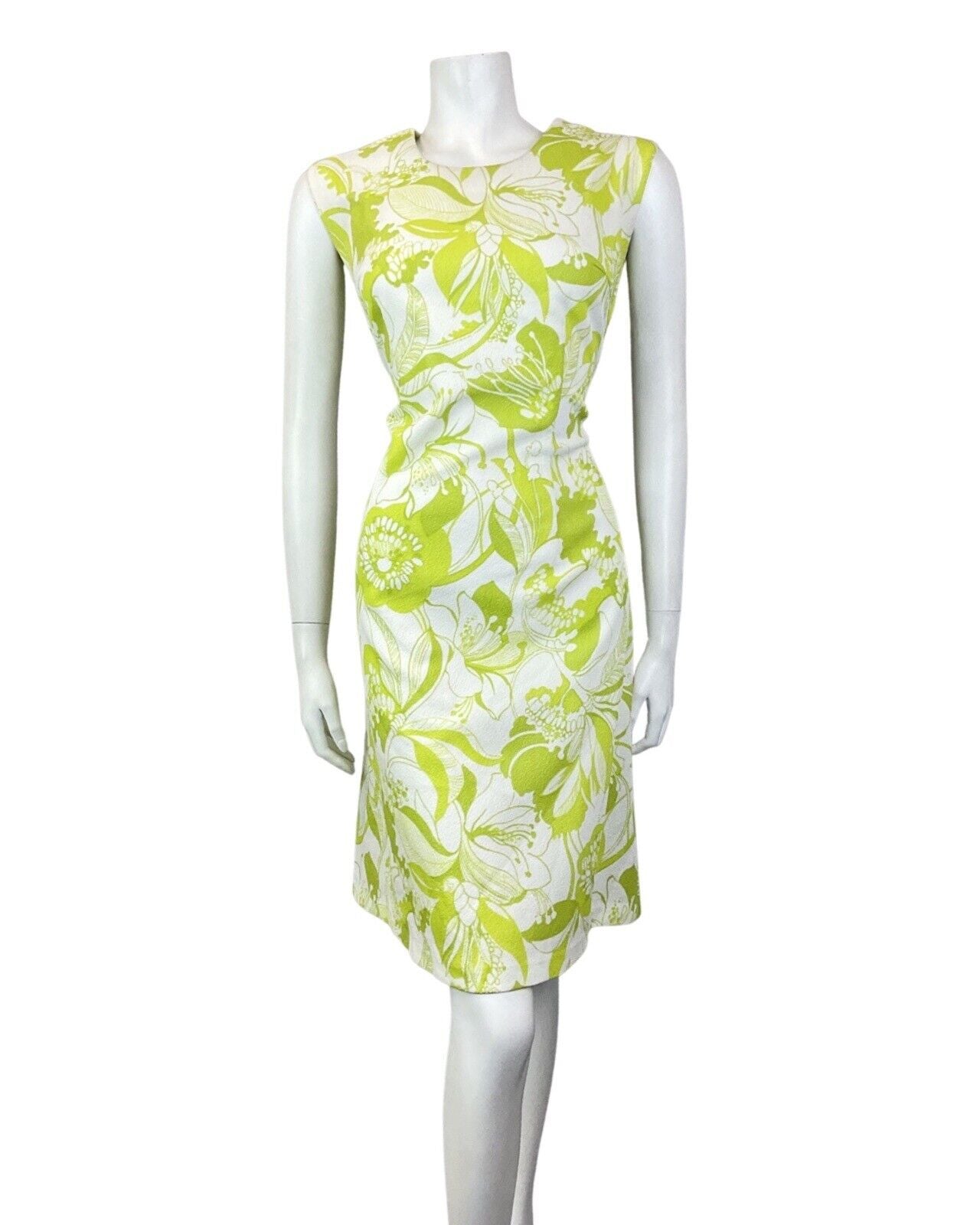 VINTAGE 60s 70s LIME GREEN WHITE FLORAL LEAFY SLEEVELESS SUMMER DRESS 14 16