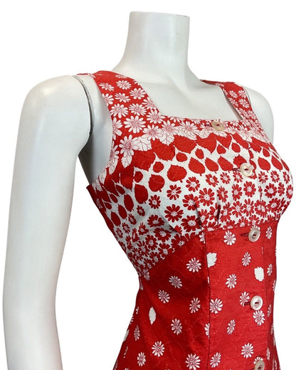 VINTAGE 60s 70s PILLARBOX RED WHITE FLORAL LEAFY MOD SLEEVELESS SUMMER DRESS 8