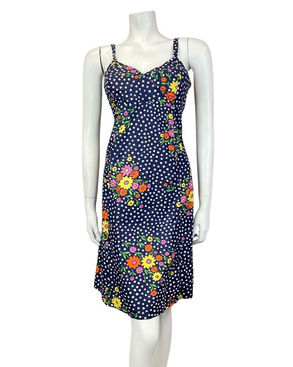 VINTAGE 60s 70s BLUE WHITE RED YELLOW POLKA-DOT DAISY FLORAL SUMMER SUN DRESS 10