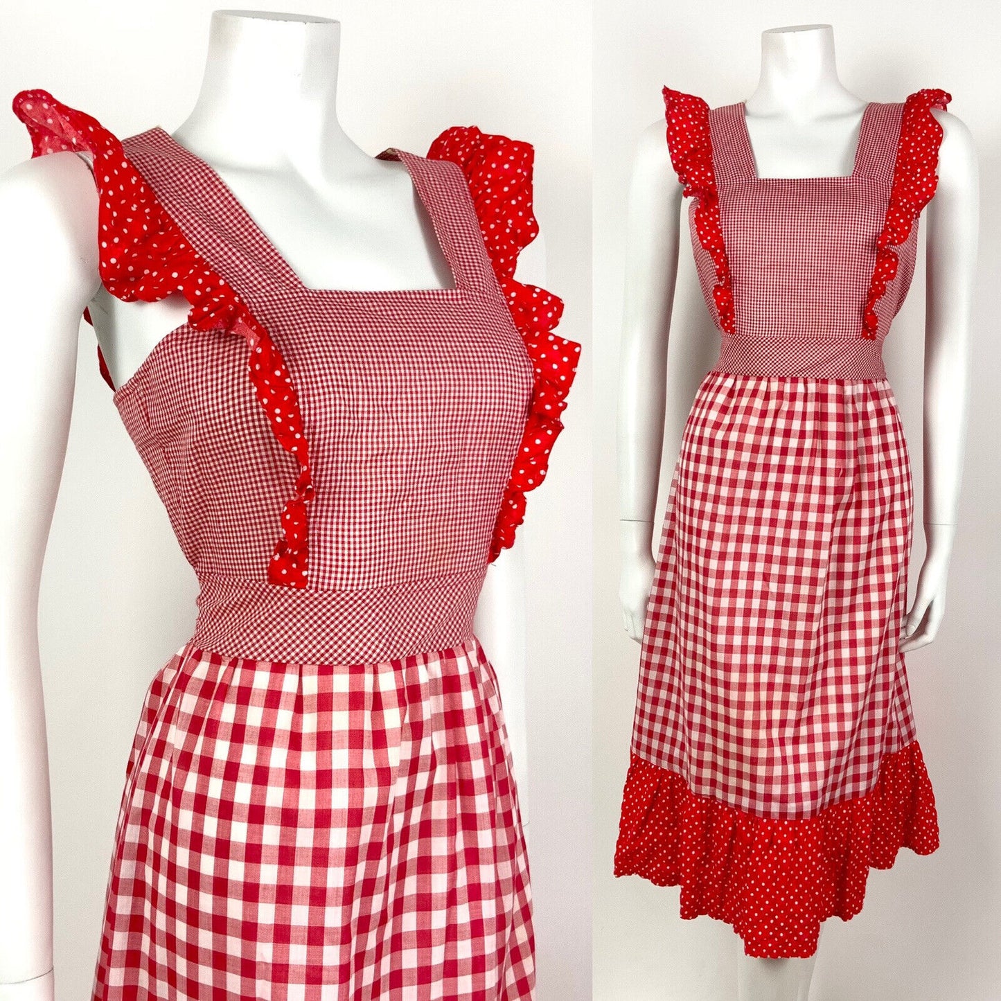 VTG 60s 70s RED WHITE GINGHAM POLKA DOT RUFFLED PRAIRIE APRON PINAFORE DRESS 8