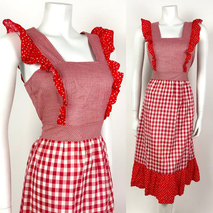 VTG 60s 70s RED WHITE GINGHAM POLKA DOT RUFFLED PRAIRIE APRON PINAFORE DRESS 8
