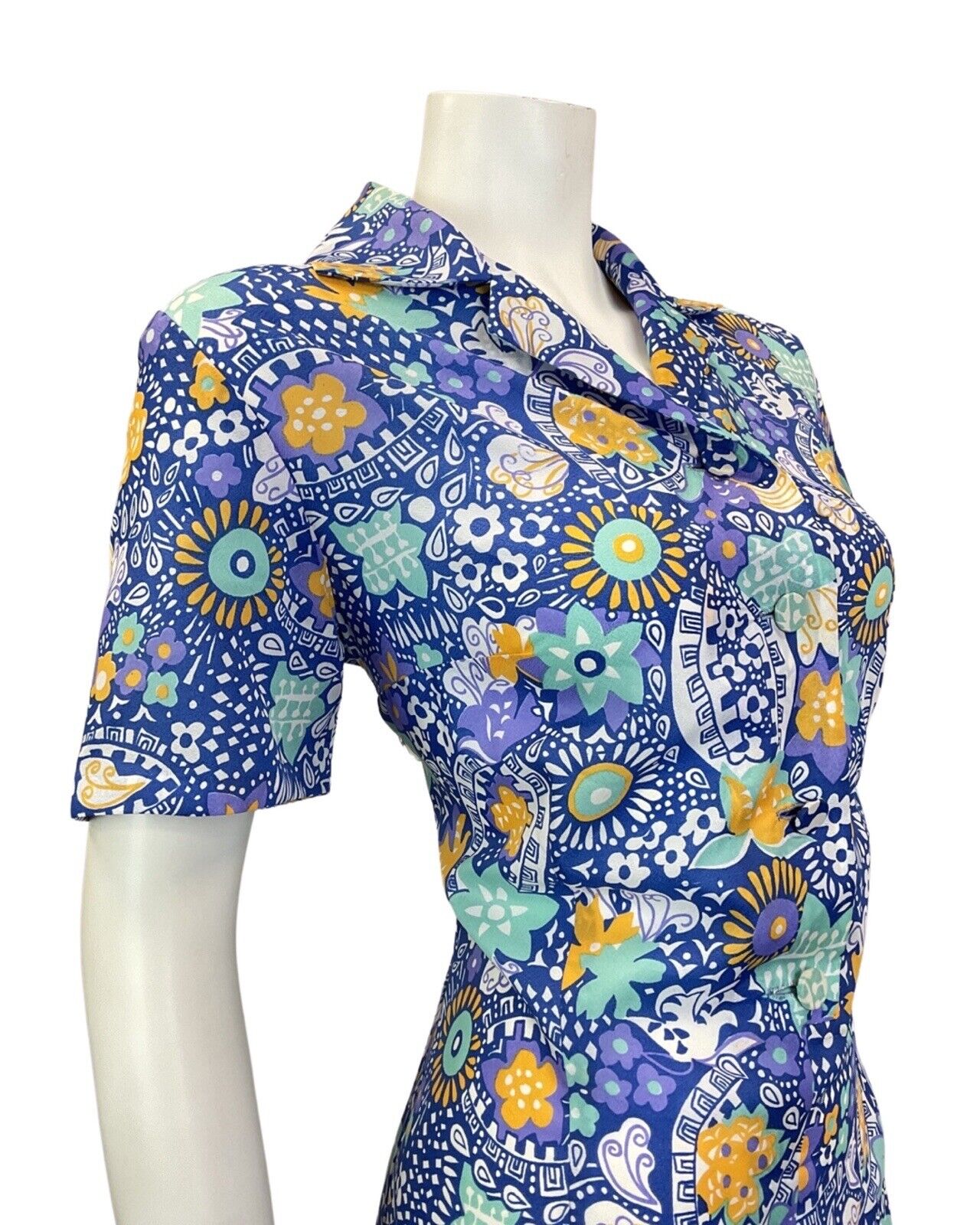 VINTAGE 60s 70s BLUE GREEN WHITE PSYCHEDELIC FLORAL MANDALA SHIRT DRESS 16
