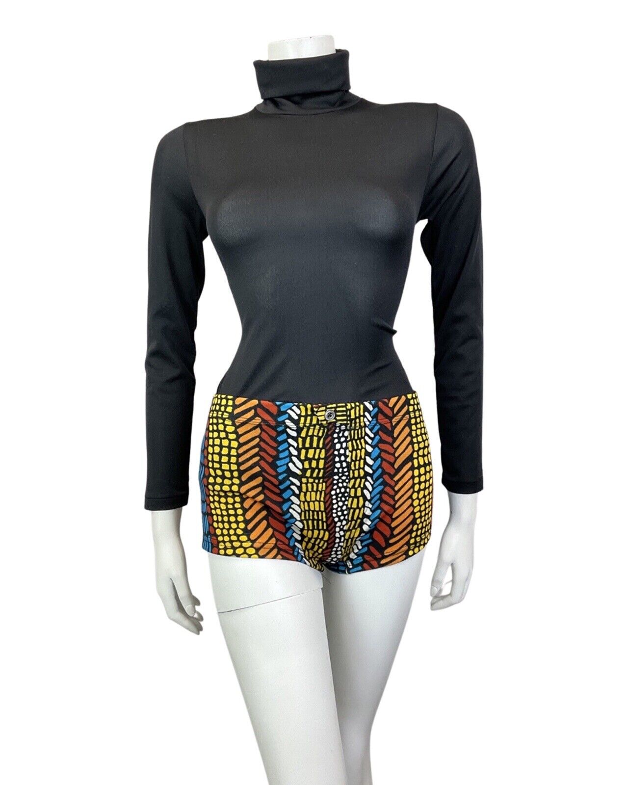 VINTAGE 60s 70s BLACK BLUE YELLOW GEOMETRIC DASH DOTTY HIPSTER SWIM SHORTS 10 12