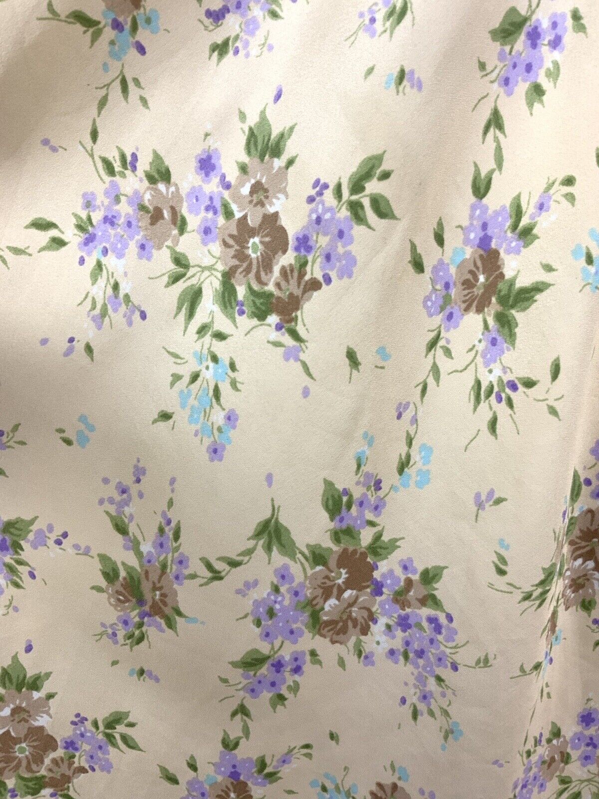 VINTAGE 60s 70s CREAM BROWN GREEN PURPLE FLORAL RUFFLE FLOATY DRESS 10 12