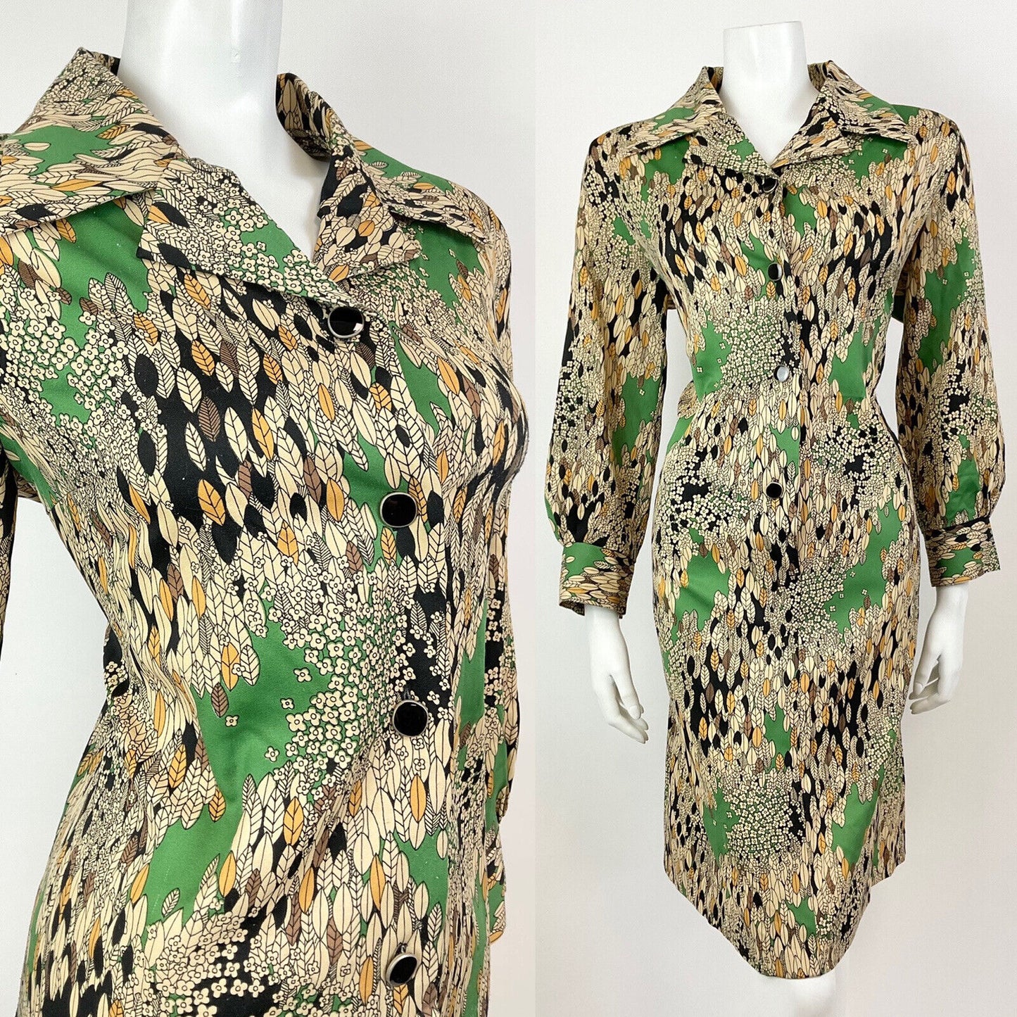 VTG 60s 70s CREAM GREEN BLACK FLORAL LEAFY PSYCHEDELIC DAGGER SHIRT DRESS 16 18