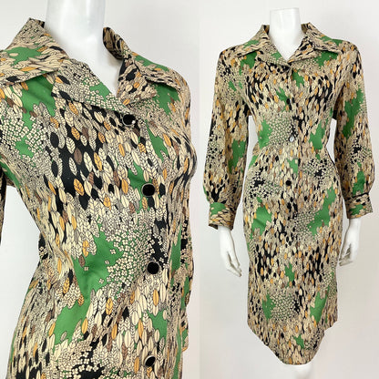 VTG 60s 70s CREAM GREEN BLACK FLORAL LEAFY PSYCHEDELIC DAGGER SHIRT DRESS 16 18