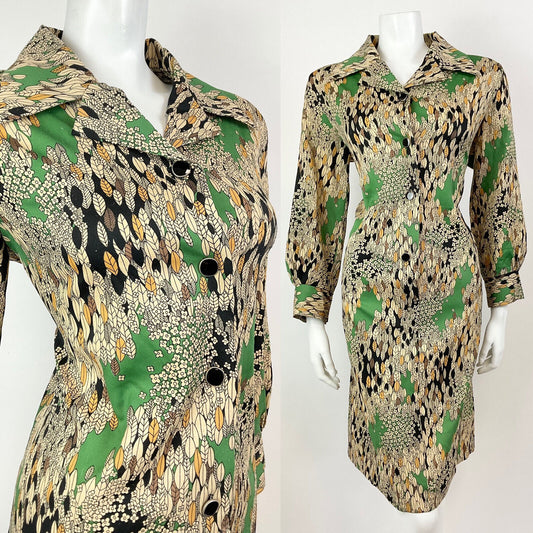 VTG 60s 70s CREAM GREEN BLACK FLORAL LEAFY PSYCHEDELIC DAGGER SHIRT DRESS 16 18