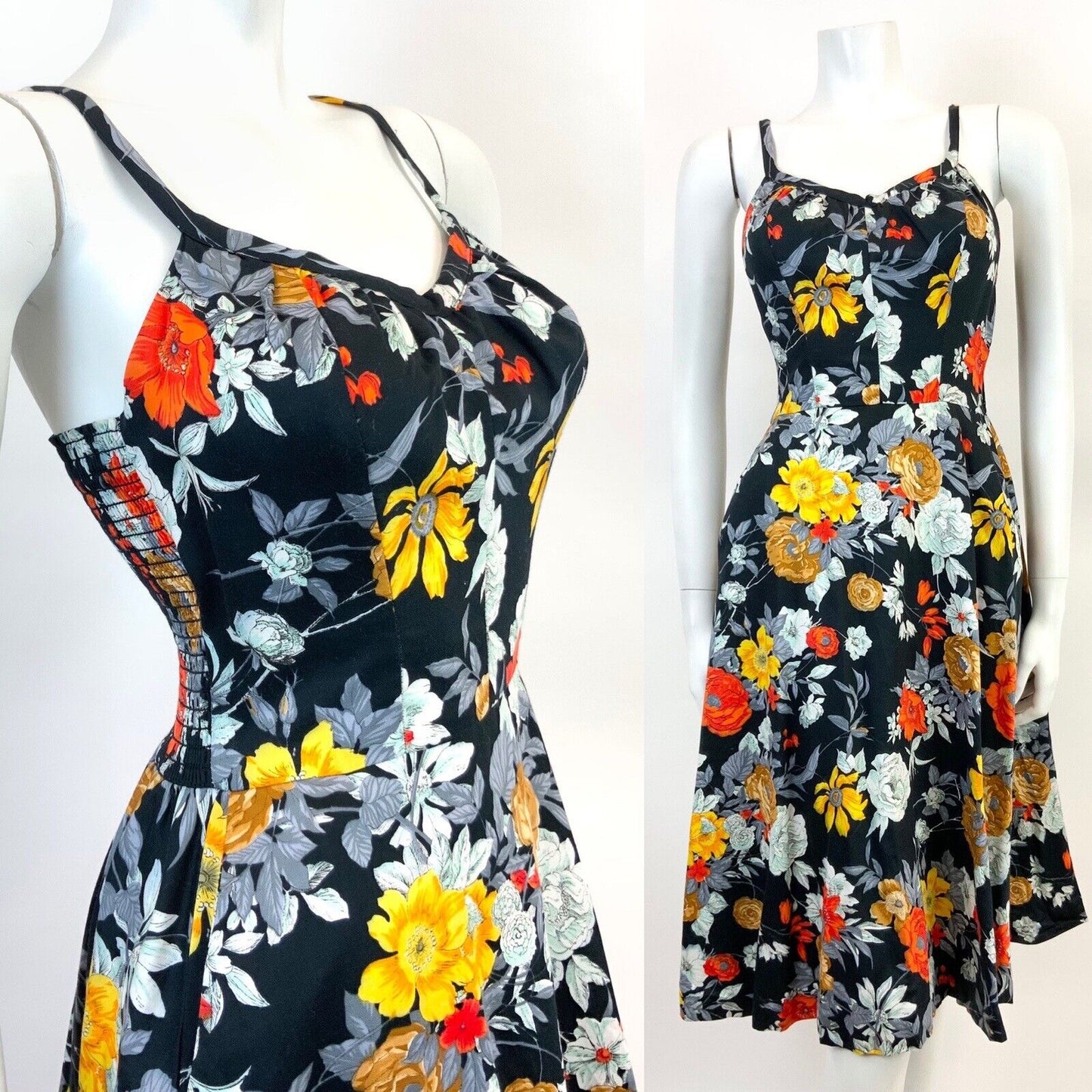 VTG 60s 70s BLACK GREY RED YELLOW FLORAL STRAPPY SUMMER SUN-DRESS 8 10