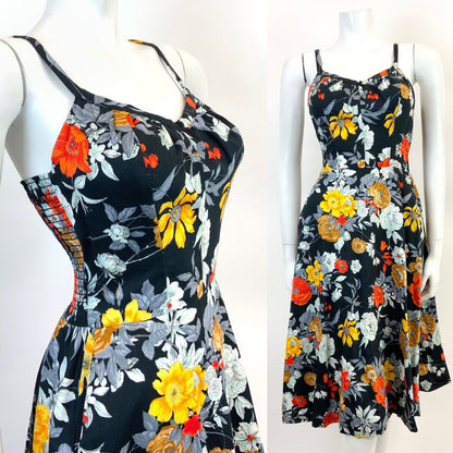 VTG 60s 70s BLACK GREY RED YELLOW FLORAL STRAPPY SUMMER SUN-DRESS 8 10