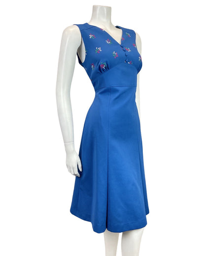 VINTAGE 60s 70s BLUE PINK SILVER EMBROIDERED FLOWER STAR SLEEVELESS MOD DRESS 14