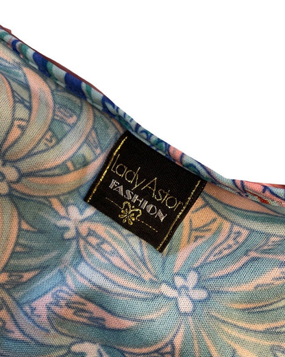 VINTAGE 60s 70s BLUE RED PEACH PSYCHEDELIC PALM LEAF FLORAL CAPED MAXI DRESS 14