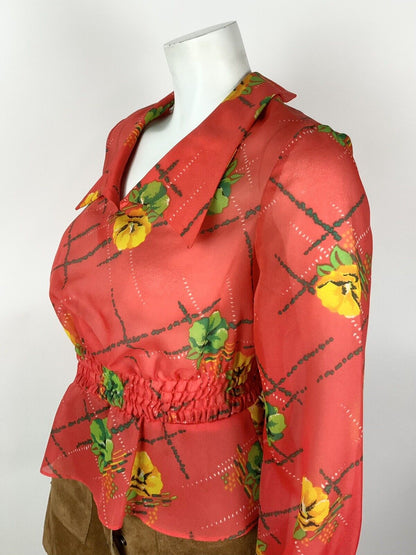 VTG 60s 70s RED / ORANGE YELLOW GREEN FLORAL WING COLLAR RUCHED BLOUSE TOP 8 10