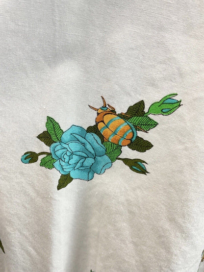 VINTAGE 60s 70s WHITE BLUE GOLD ROSE BEETLE WRAP PUFF SLEEVE MOD SWING DRESS 10