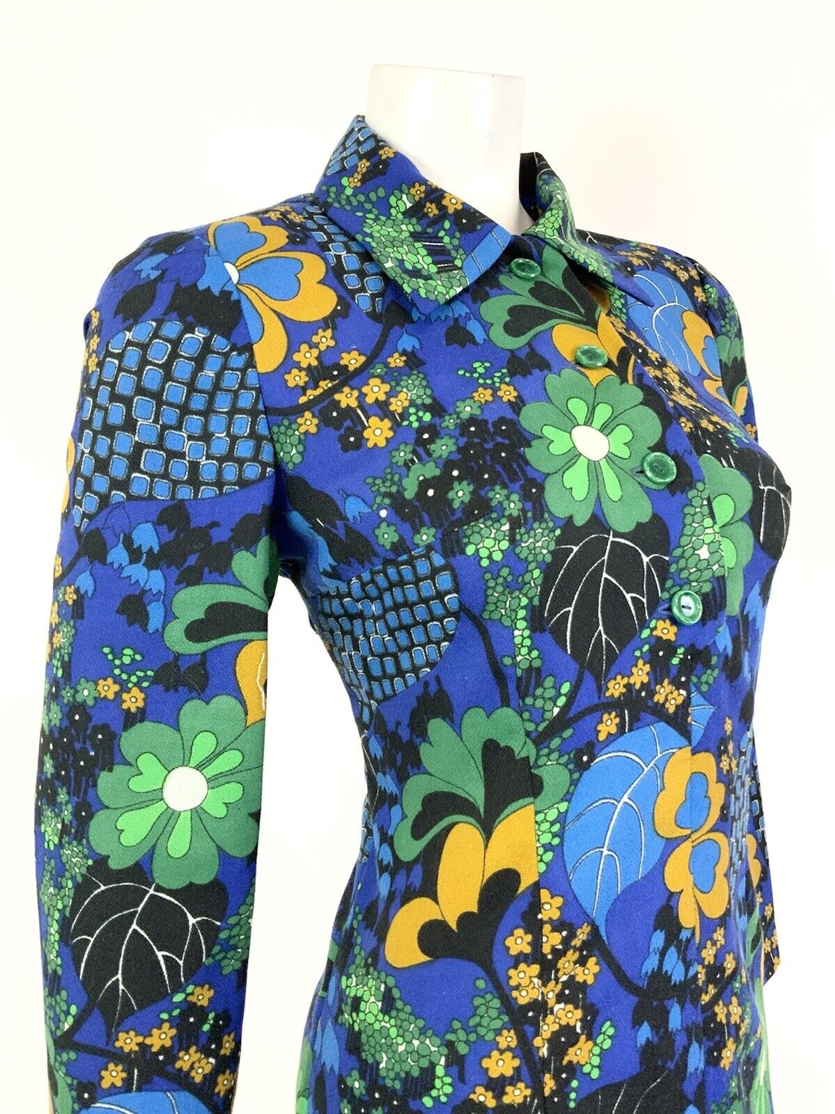 VTG 60s 70s BLUE YELLOW BLACK GREEN FLORAL LEAFY PSYCHEDELIC SHIRT DRESS 10 12