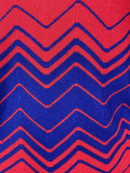 VINTAGE 60s 70s BLUE RED ZIG-ZAG GEOMETRIC SLEEVELESS MOD KNIT DRESS 12 14