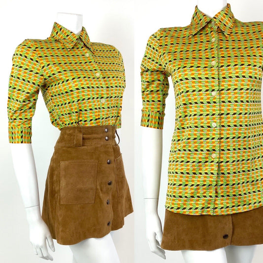 VTG 60s 70s GREEN ORANGE PURPLE GEOMETRIC STRIPED ZIG-ZAG DAGGER SHIRT 8 10
