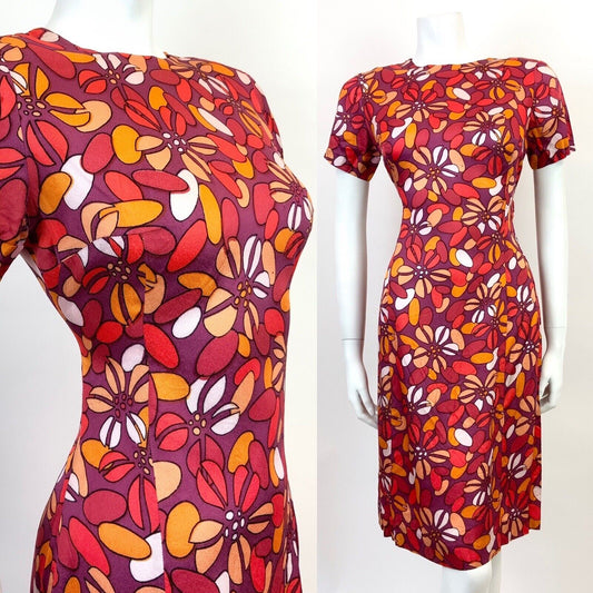 VTG 60s 70s PURPLE PEACH RED FLORAL PETAL PSYCHEDELIC MOD FITTED DRESS 10 12