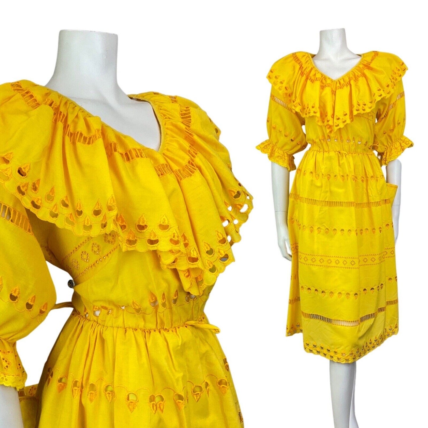 VINTAGE 70s SUNSHINE YELLOW EMBROIDERED CUT-WORK RUFFLED PRAIRIE DRESS 8 10
