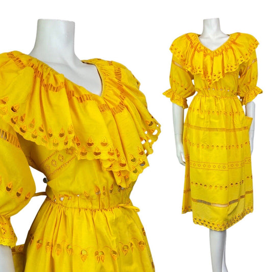 VINTAGE 70s SUNSHINE YELLOW EMBROIDERED CUT-WORK RUFFLED PRAIRIE DRESS 8 10