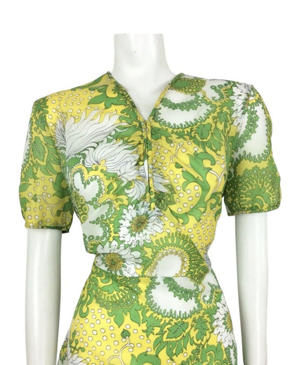 PSYCHEDELIC 70S VINTAGE YELLOW GREEN WHITE FLORAL DRESS 14