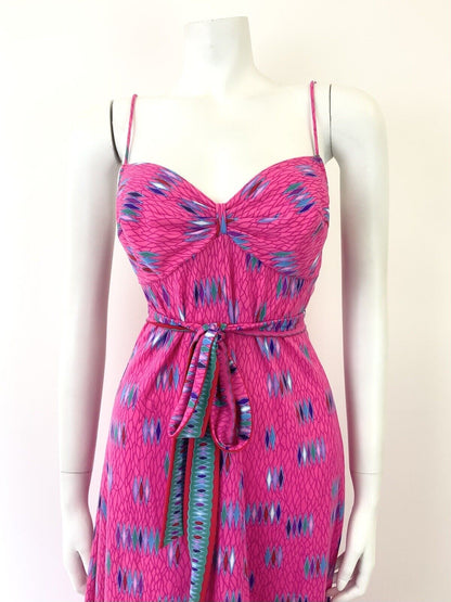 VTG 60s 70s BRIGHT PINK BLUE GREEN PSYCHEDELIC SWEETHEART STRAPPY SUNDRESS 8 10